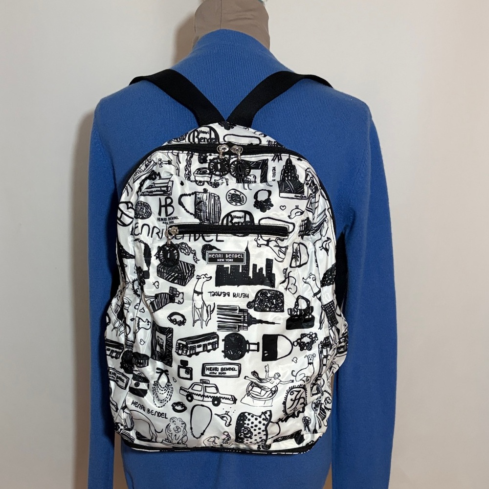Henri Bendel Packable Backpack Bag Black and White Greyhound Dogs Print